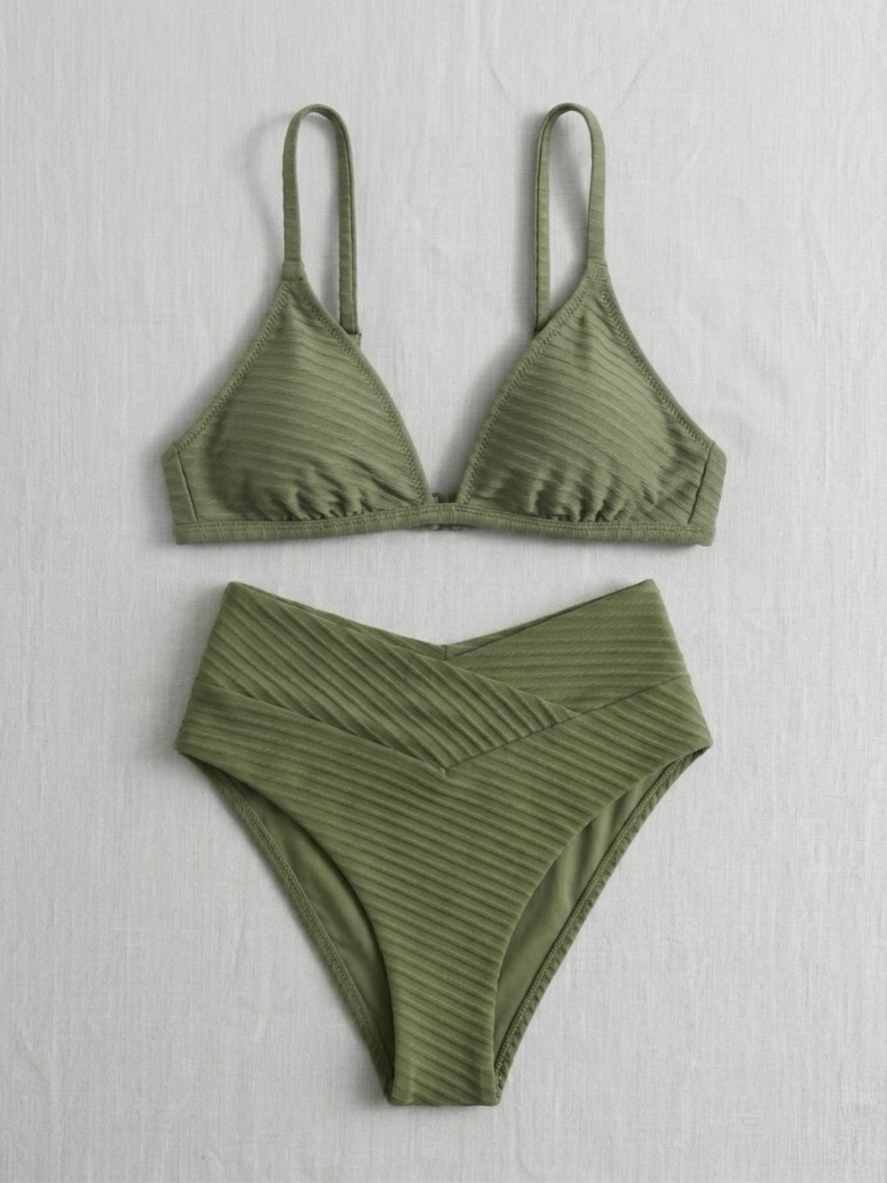 aerie Olive Ribbed High Waist High Cut Bikini Bottom & Triangle Top Set